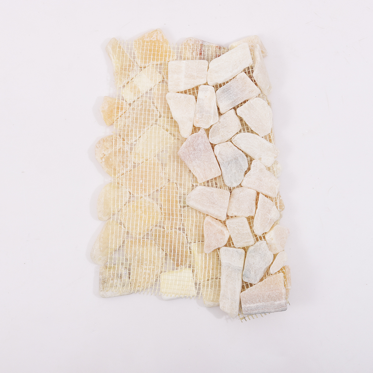 Backside of Beige Shaved Pebble Travertine Mosaic Tile with Mesh Backing