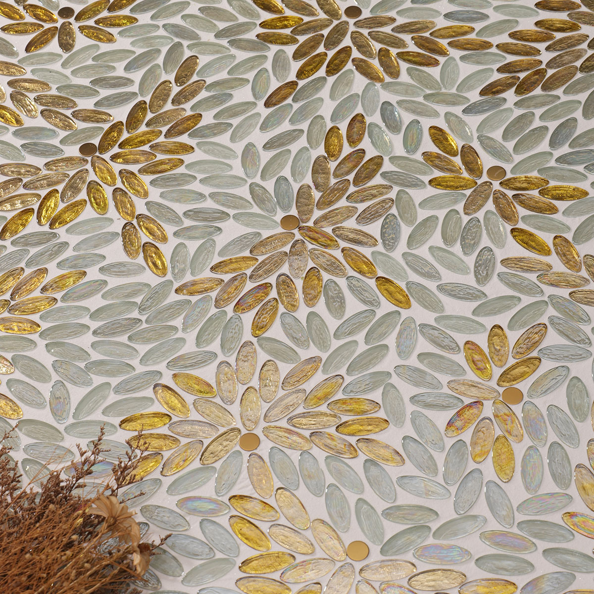 Close-up of Iridescent White and Gold Glass Mosaic Tile in Floor Setting