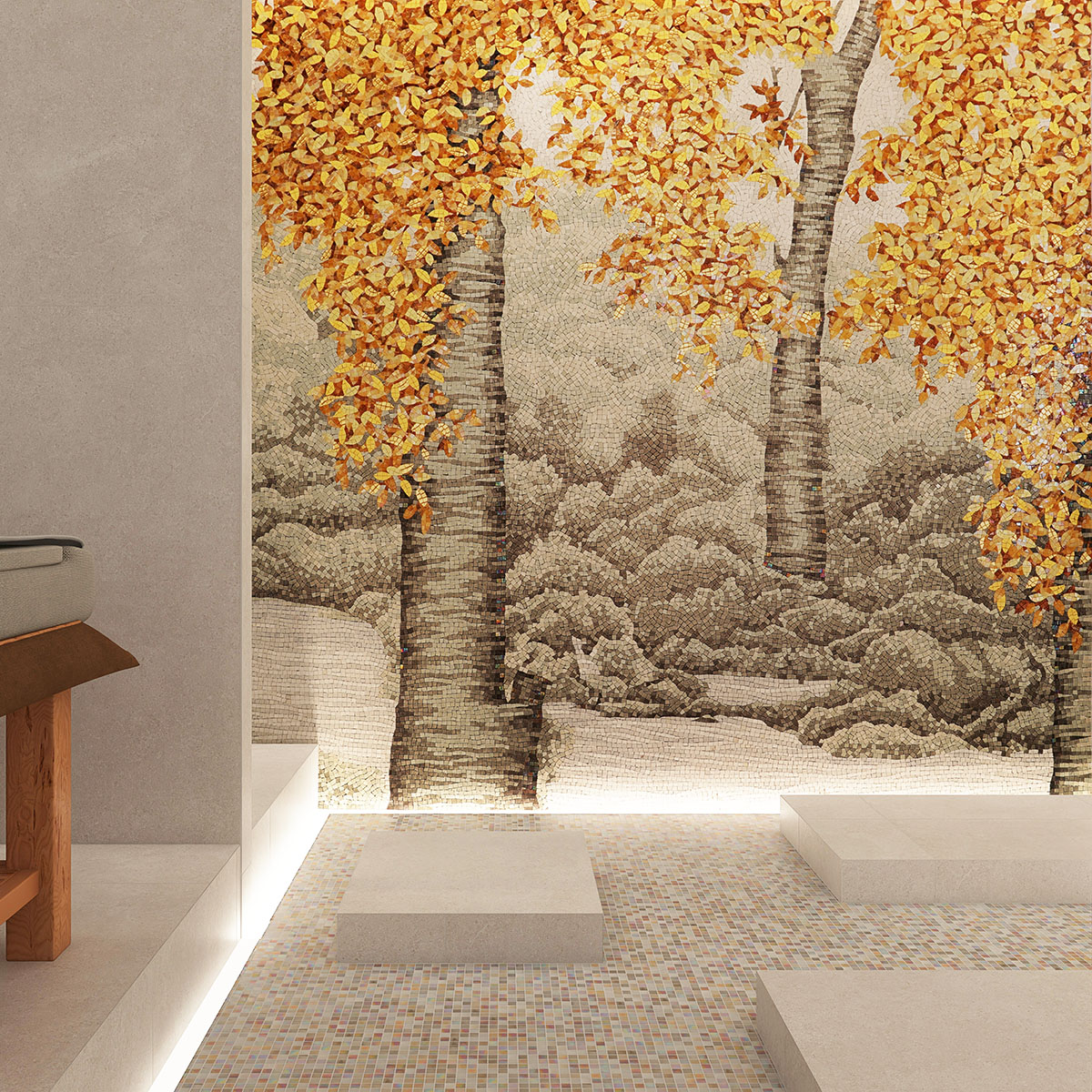 Golden Tree Mosaic Art on Wall in Lounge Area with Gray Floor