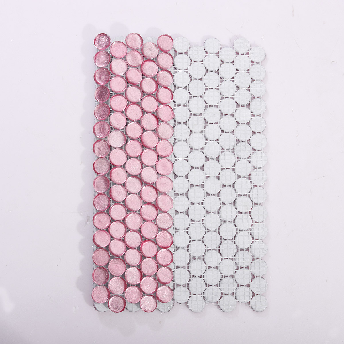 Backside of Glossy Pink Penny Round Glass Mosaic Tile with Mesh Backing