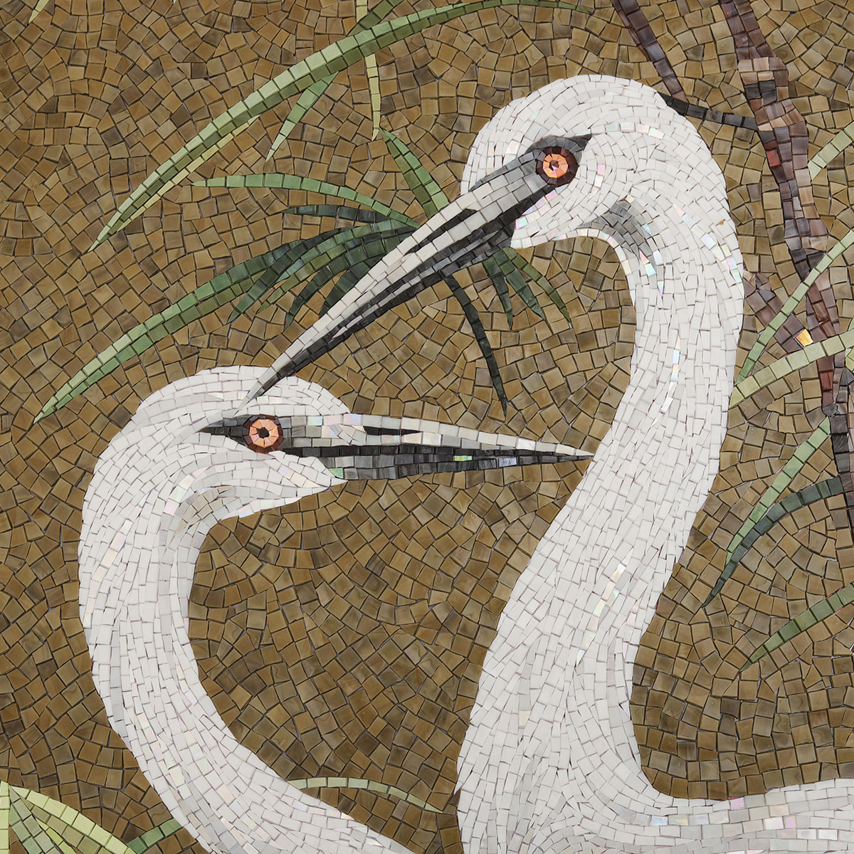 Close-up of White Crane Bird Mosaic Tile Detail