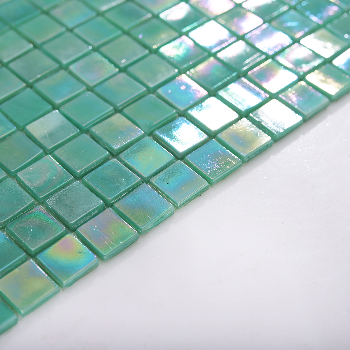 Side View Showing Thickness of Iridescent Turquoise Glass Mosaic Tile