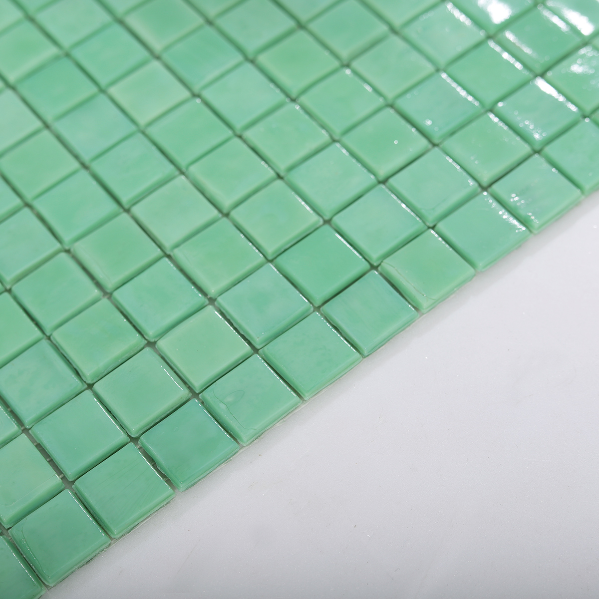 Side View Showing Thickness of Mint Green Glass Mosaic Tile