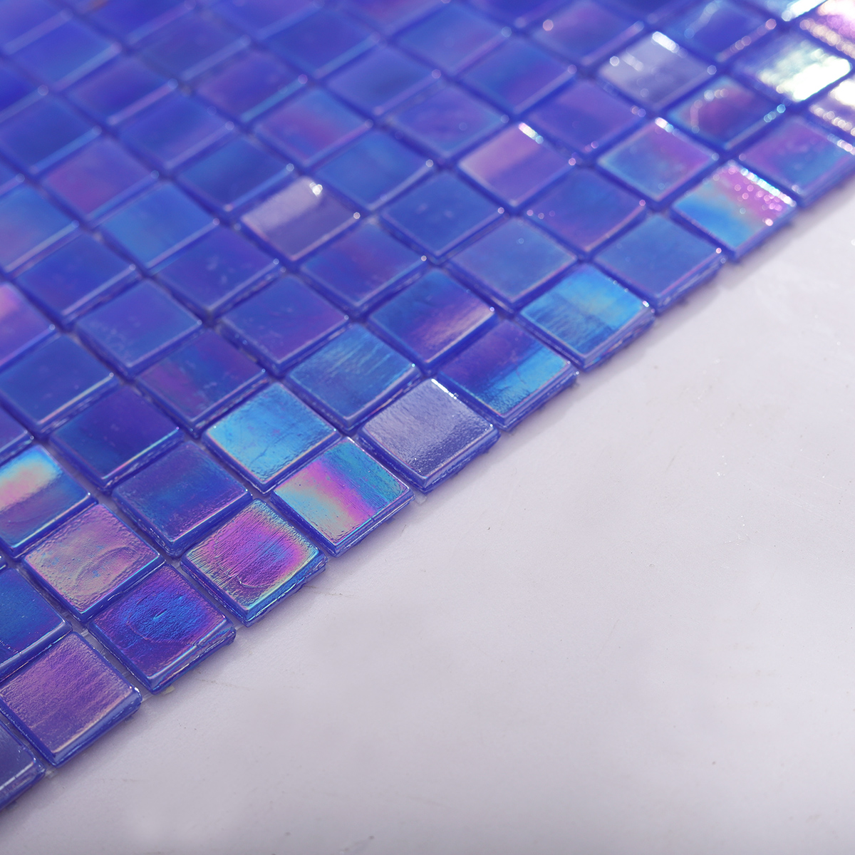 Side View Showing Thickness of Reactive Blue Shiny Glass Mosaic Tile