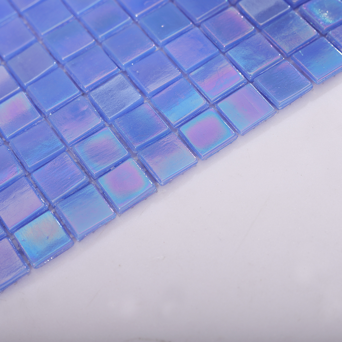 Side View Showing Thickness of Iridescent Blue Glass Pool Tile