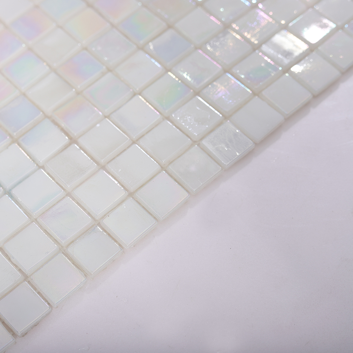 Side View Showing Thickness of White Iridescent Rainbow Glass Mosaic Tile