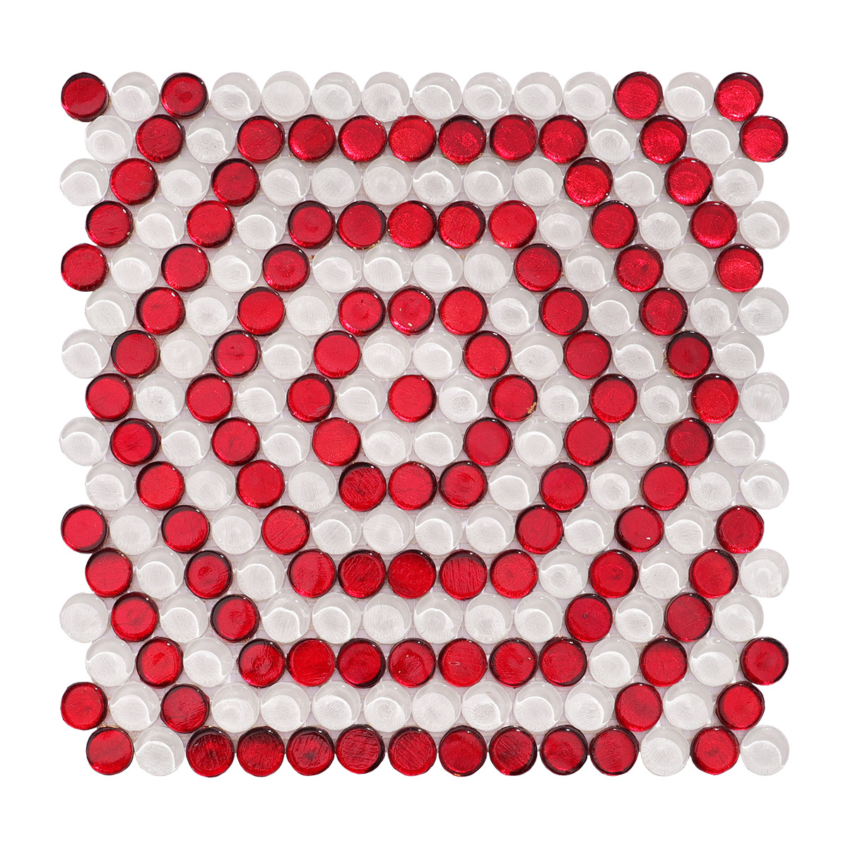 Full view of the hexagonal red and white mosaic tile