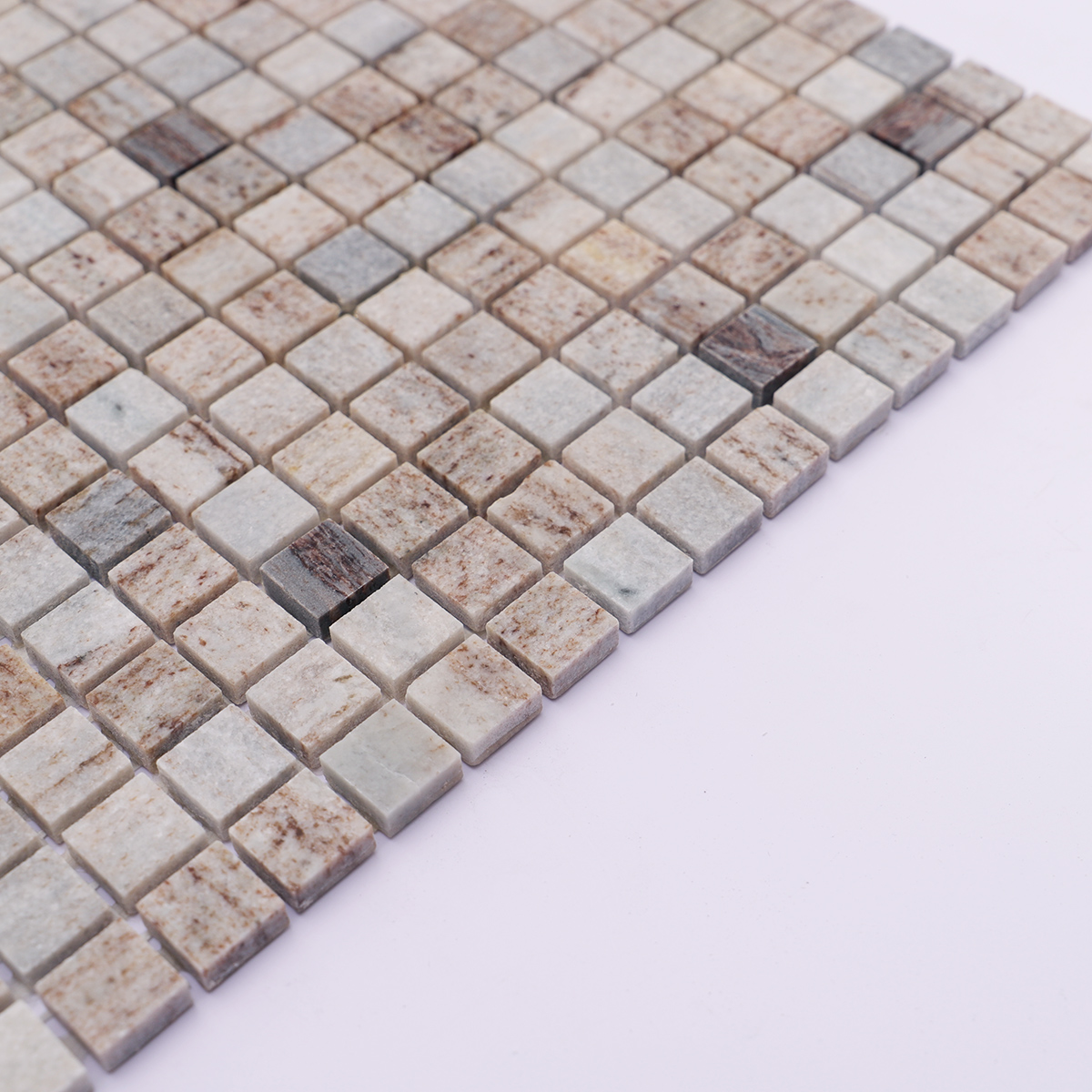 Side view showing the thickness of the gray wooden square honed marble mosaic tiles.