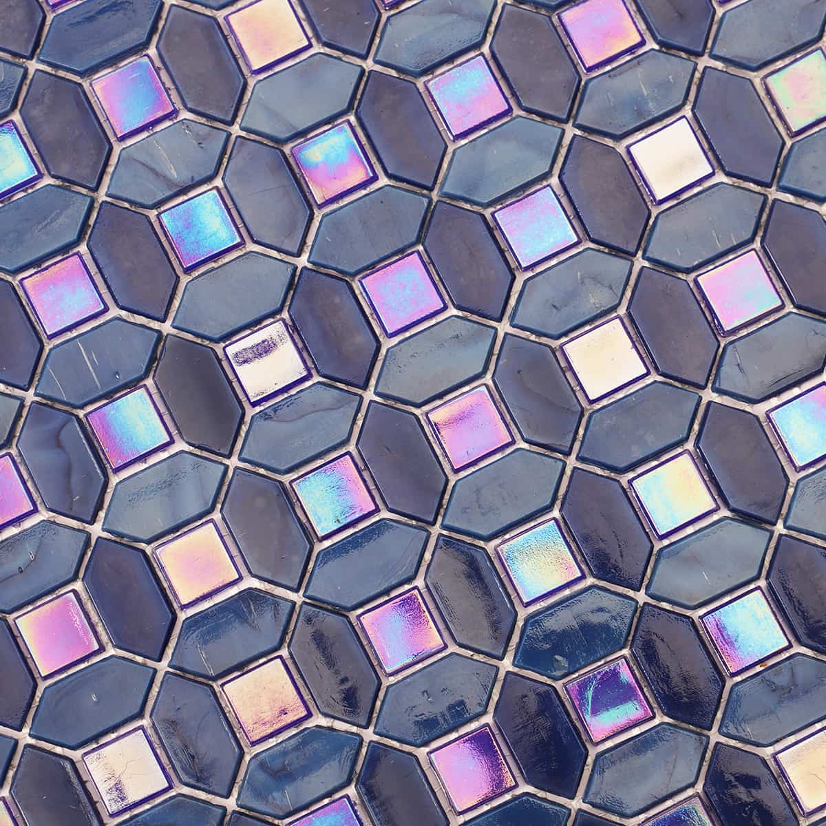 Iridescent  Picket and Square  Blue Glass Mosaic Tiles