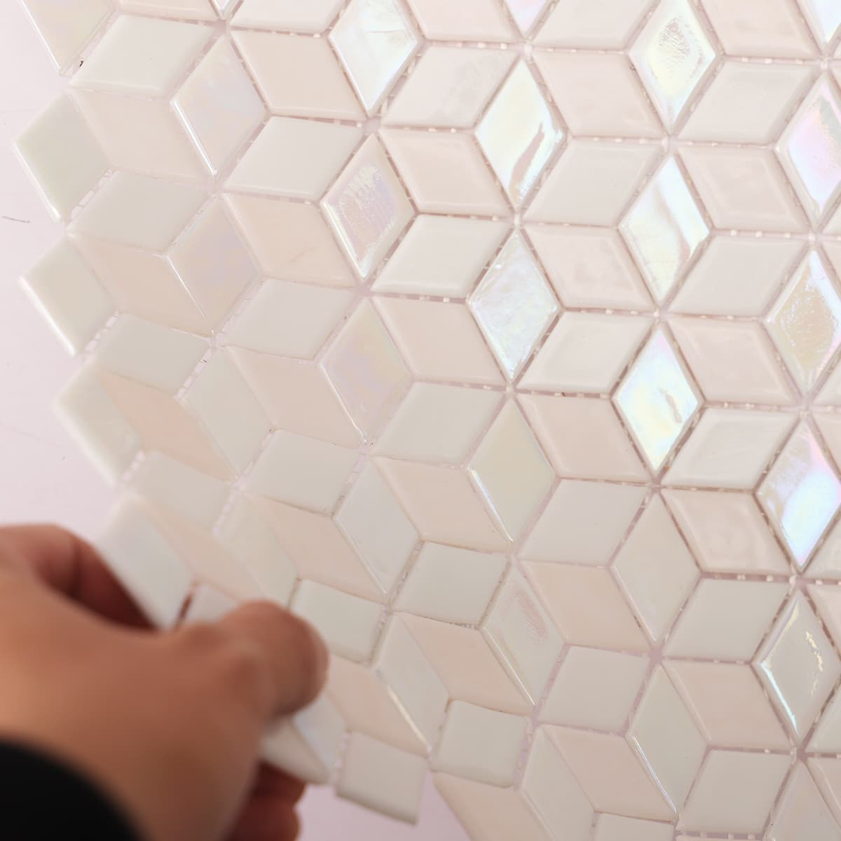 Iridescent White 3D Cube Diamond Glass Mosaic Tile