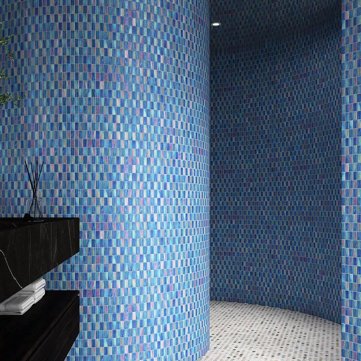 Rectangle Iridescent Blue Checkerboard Glass Mosaic Tiles shower wall 