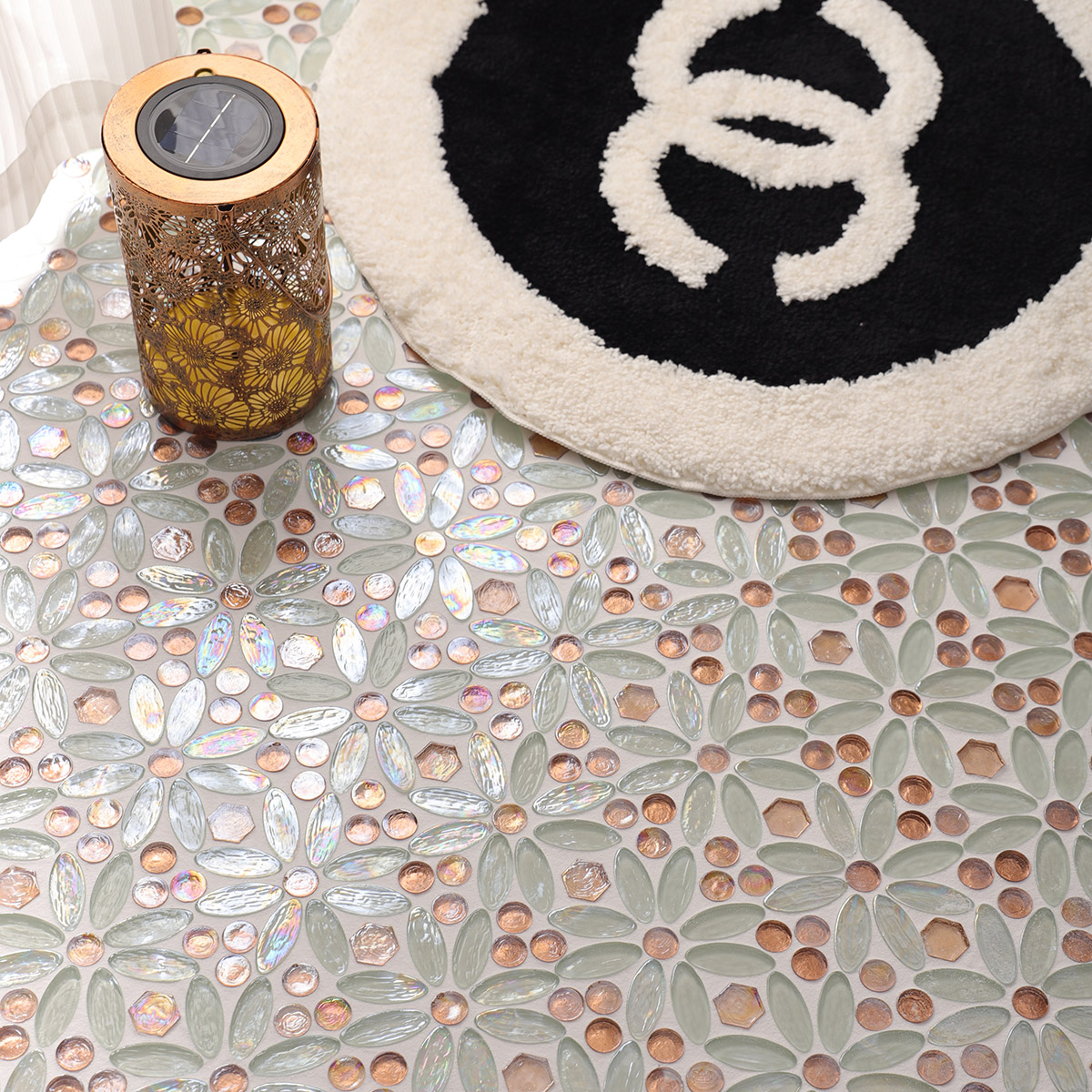 Polished White and Orange Oval Glass Mosaic Tiles 