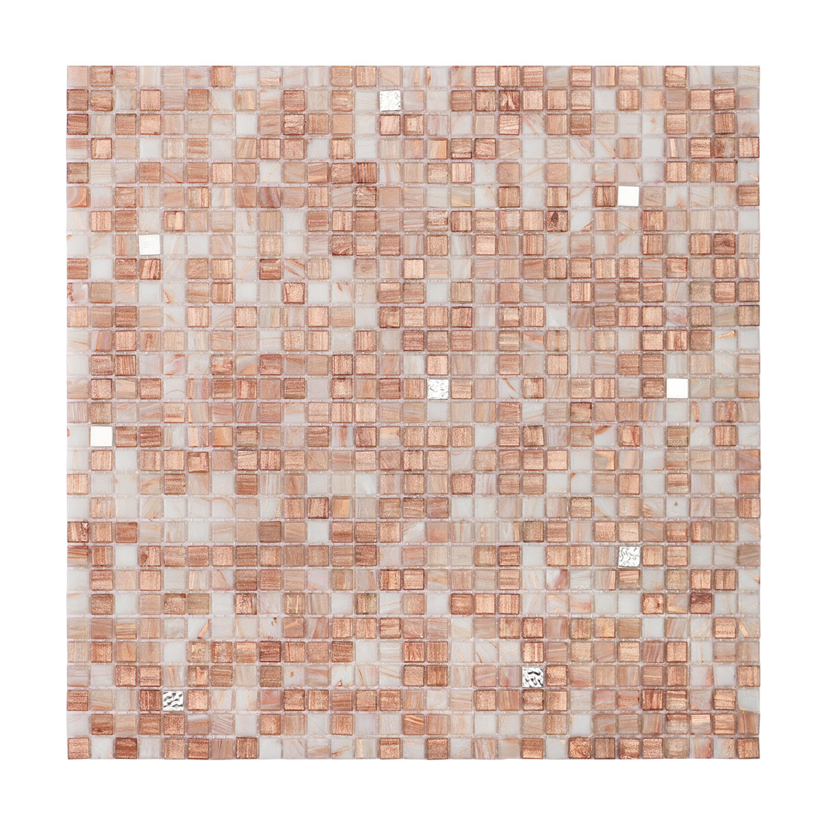 Obverse side of mini square glass mosaic tile with 24K platinum.