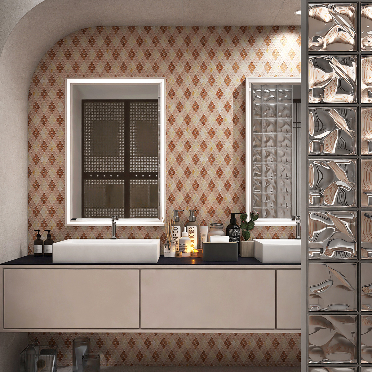 Beige diamond-patterned glass mosaic tiles on bathroom wall.