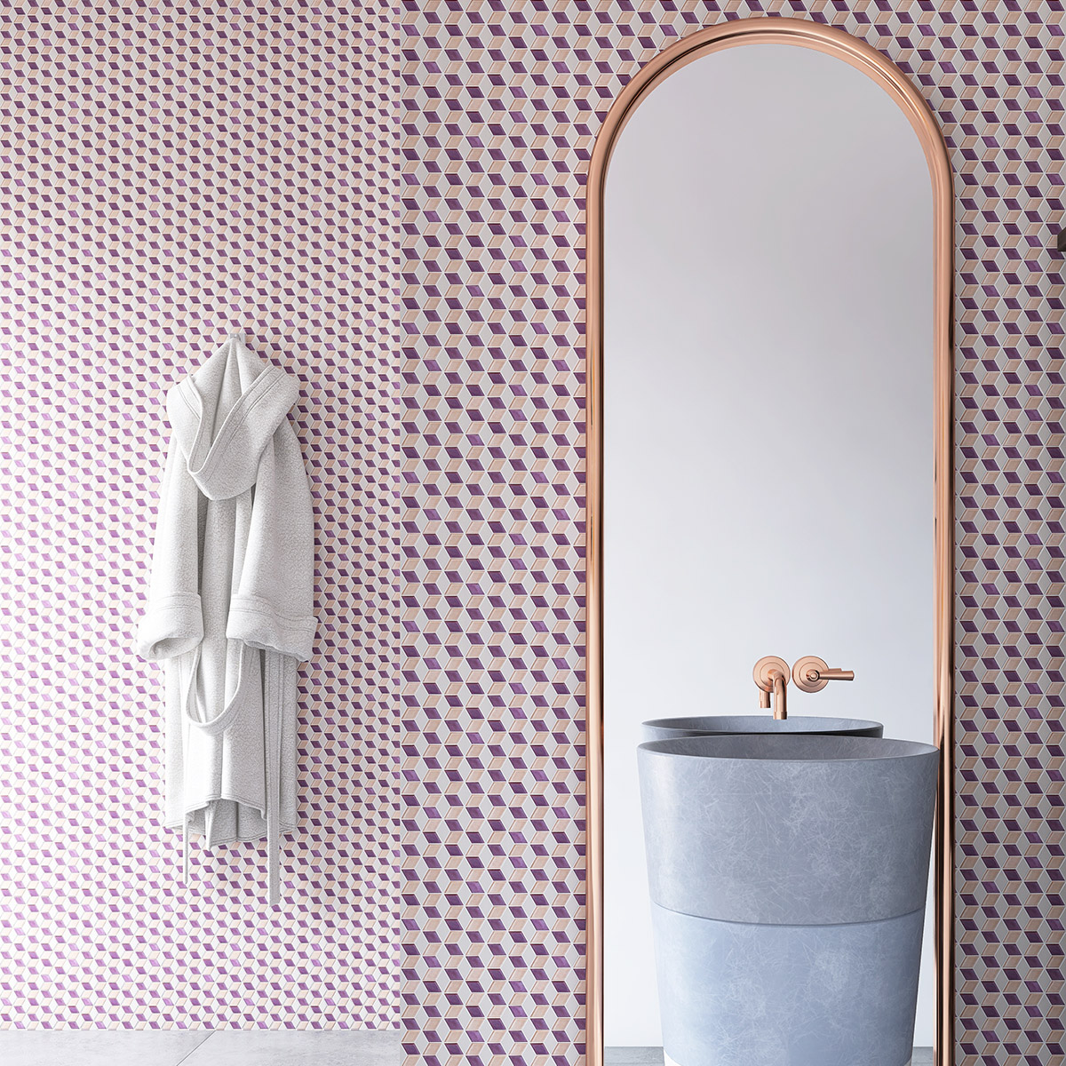 Pink and purple diamond-shaped glass mosaic tiles on bathroom wall.