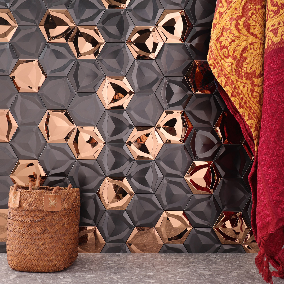 3D black and gold hexagon metal mosaic tiles with gray floor tiles and curtain