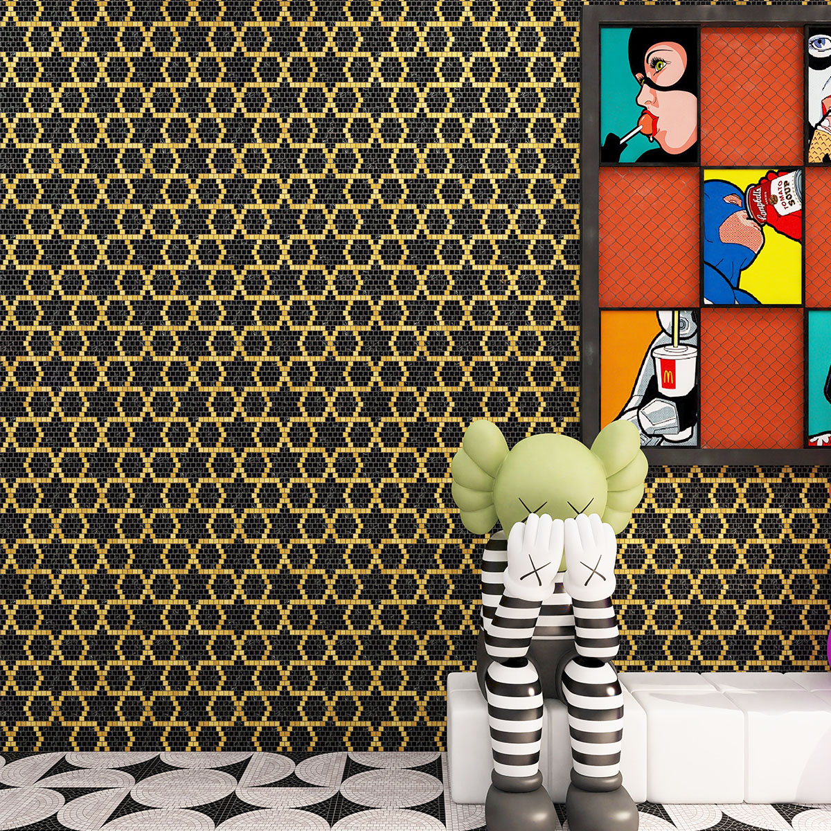 Wall with green marble and metal pixel art mosaic, art paintings, and black and white mosaic floor