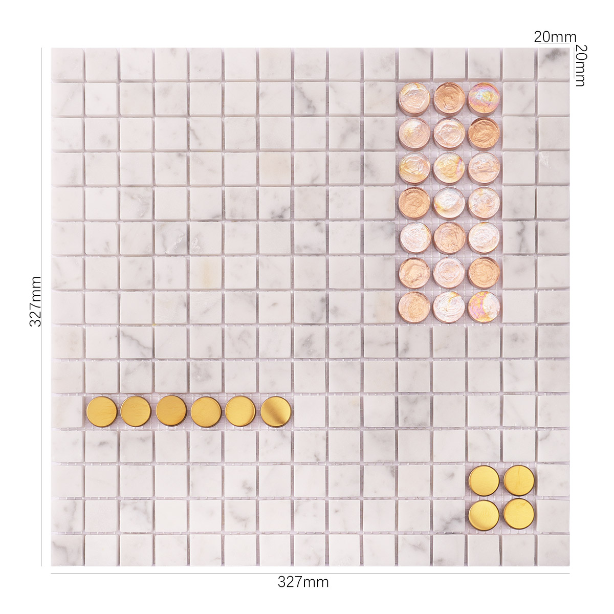 Front of white marble mixed with glass and metal mosaic tiles, with size details