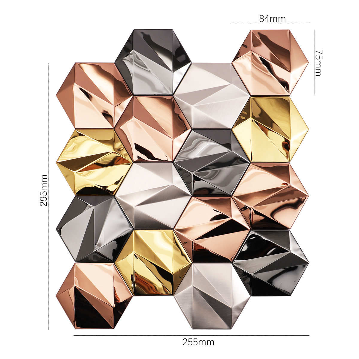 Size view of 3D hexagon metal mosaic tiles obverse