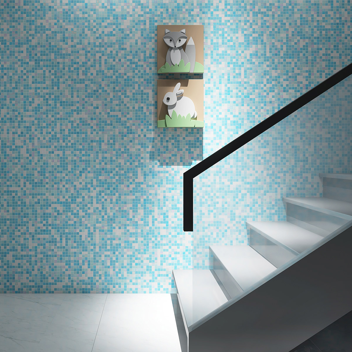 Scene with glossy aqua blue glass mosaic tiles on staircase wall and white stairs