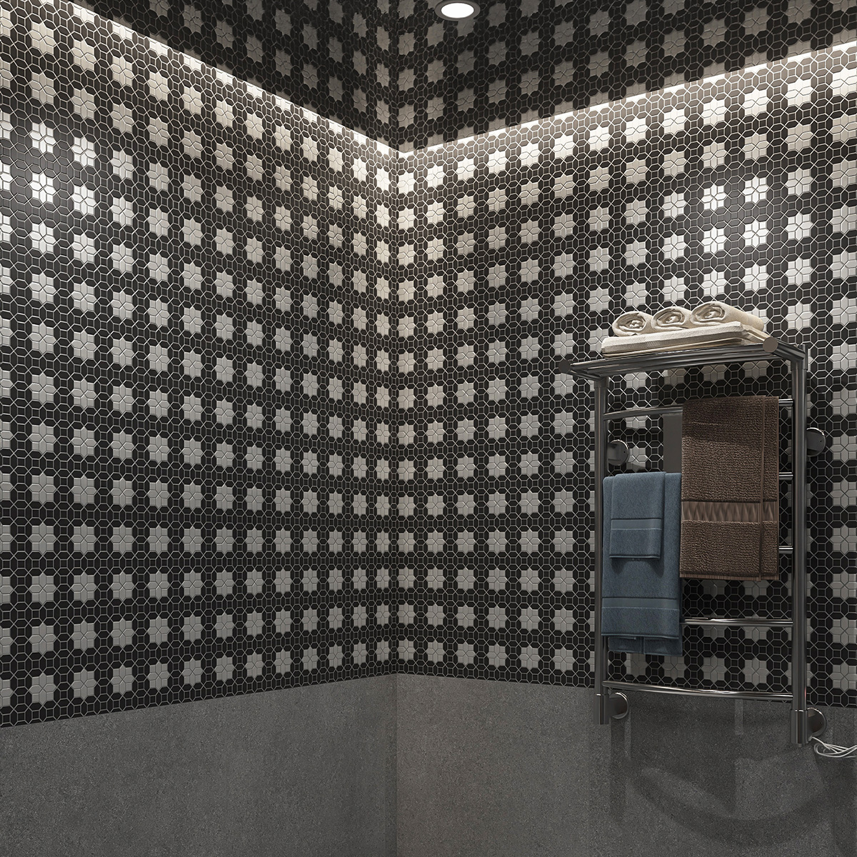 Bathroom featuring gray and white picket with square glass mosaic wall tiles and gray tiles