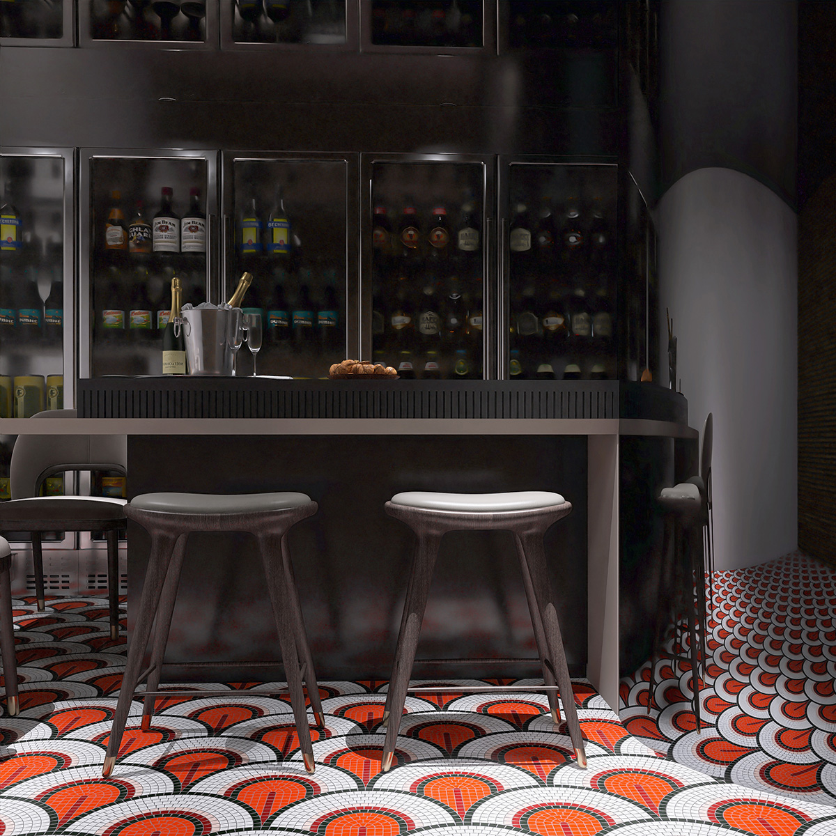 Bar scene with glass mosaic art designs on the floor