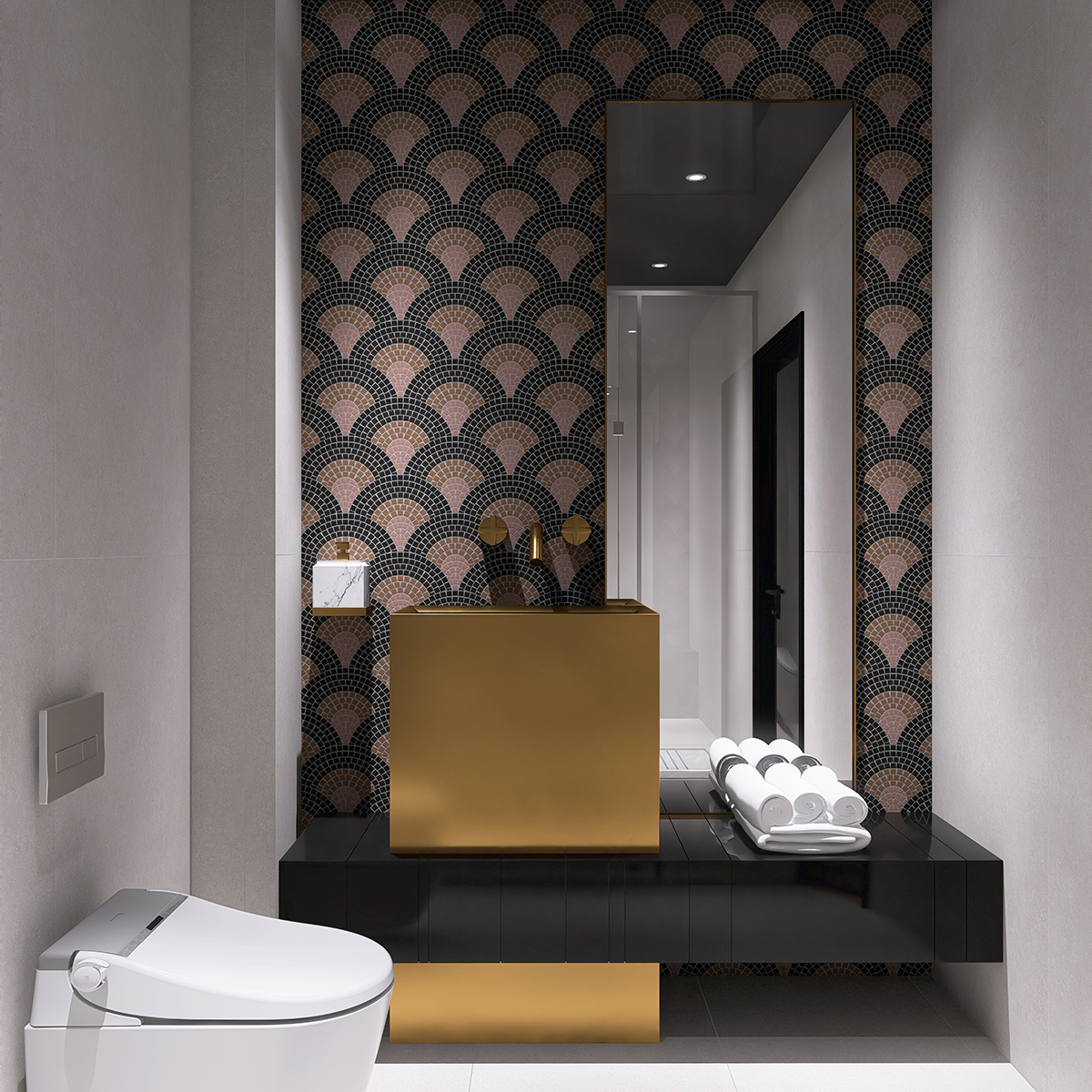 Hand-cut scale glass mosaic artwork wall tiles with light gray tiles in bathroom scene