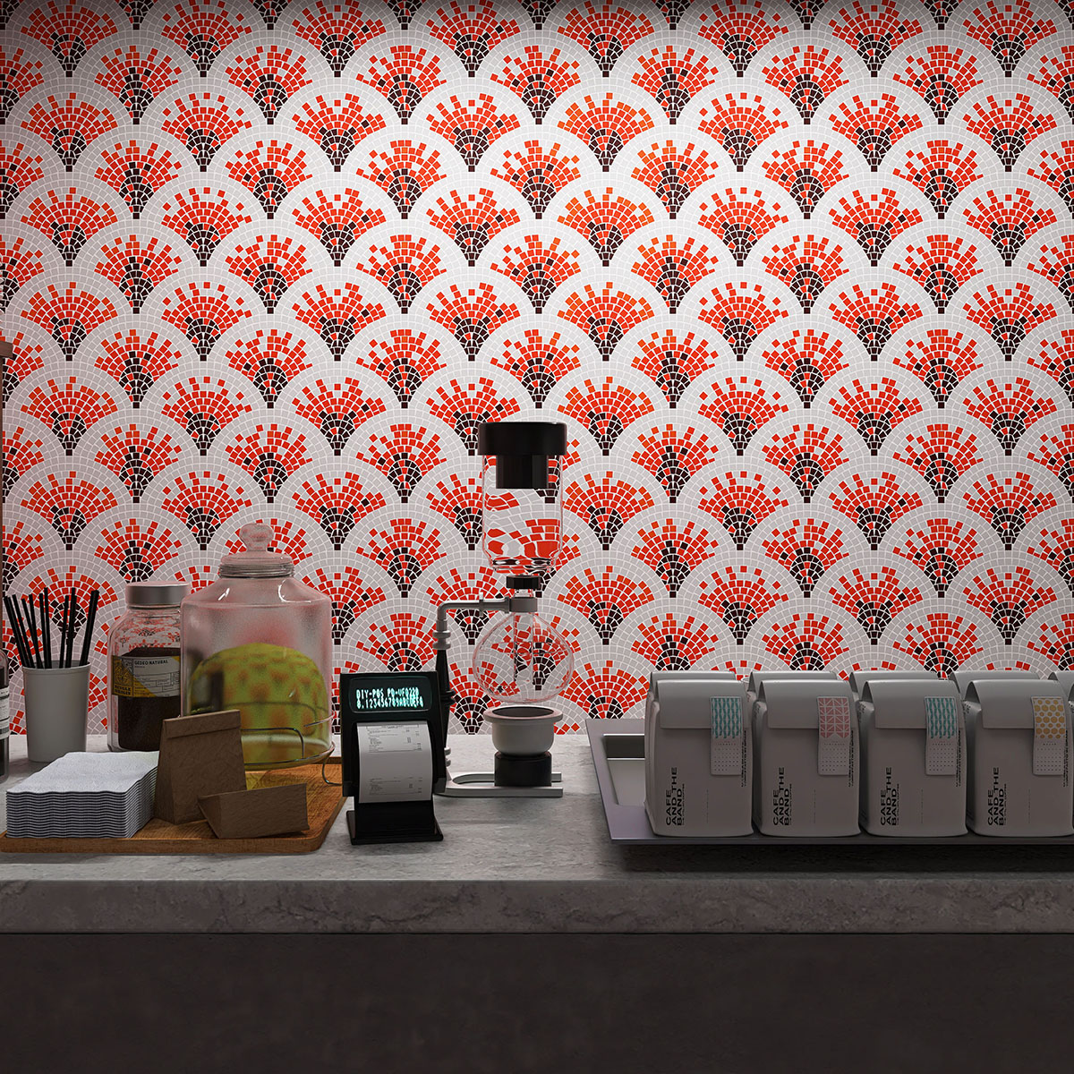 Bar scene with fish scale glass mosaic design on the wall