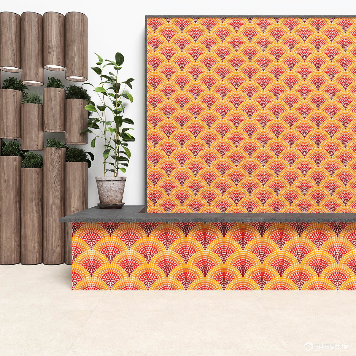 Wall scene with orange and red glass mural mosaic art