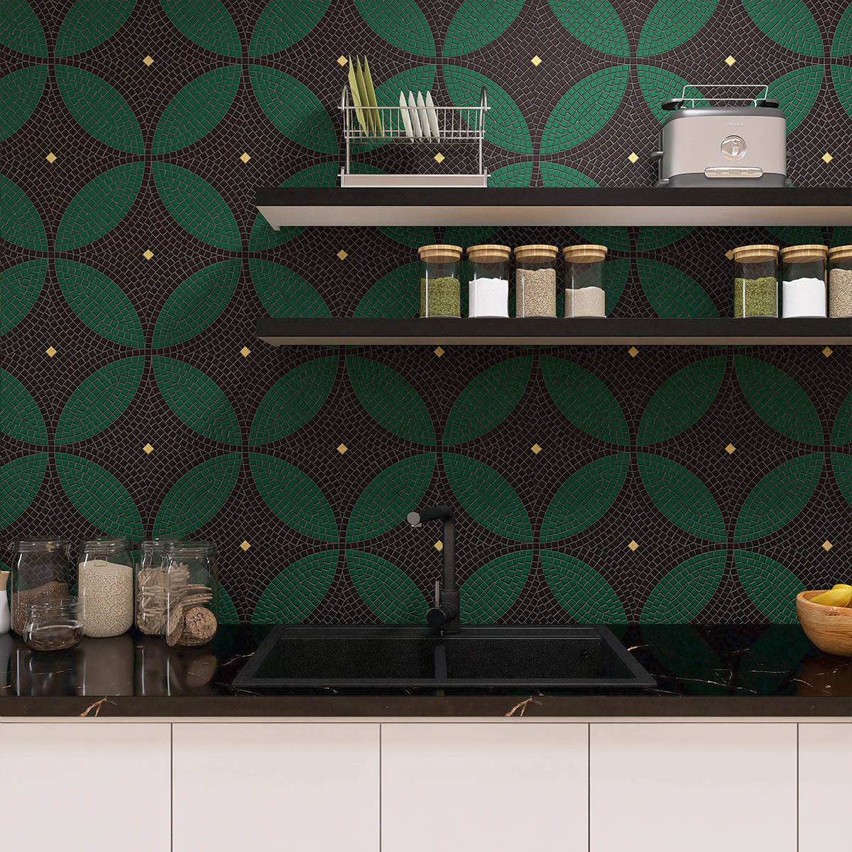 Kitchen scene with glass mosaic tiles with hand-cut art patterns on the wall