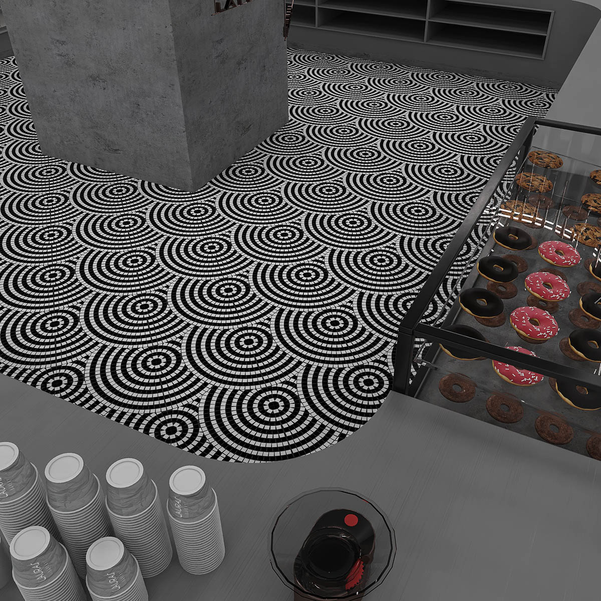 Kitchen scene with white and black scale glass mosaic tiling art on the floor