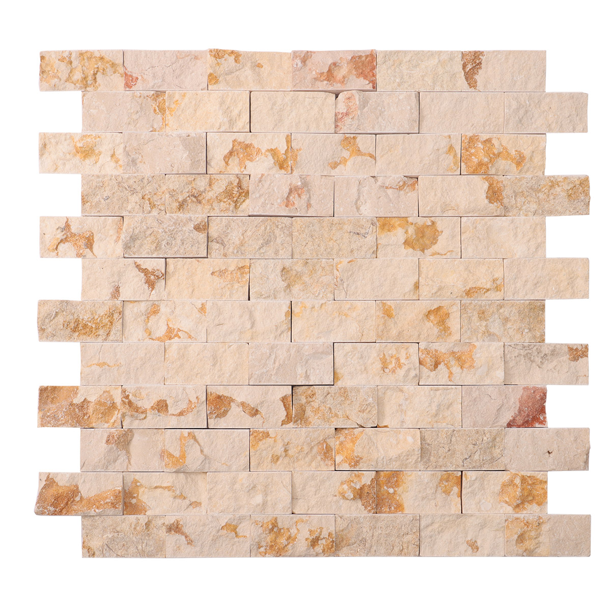Obverse side of Crema Marfil face stone mosaic tiles.