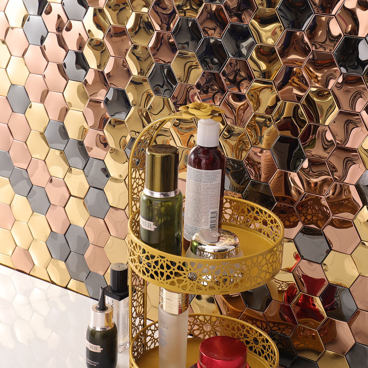 3D Mirror Black and Gold Hexagon Stainless Steel Mosaic Tiles-SAICINA TILES