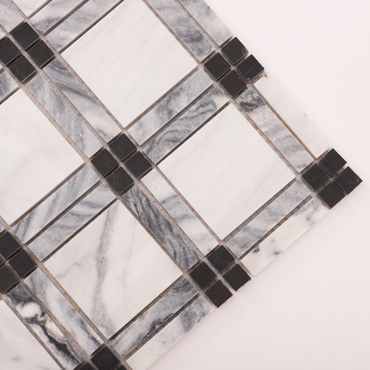Black & White Plaid Marble Polished Mosaic Tiles-SAICINA TILES
