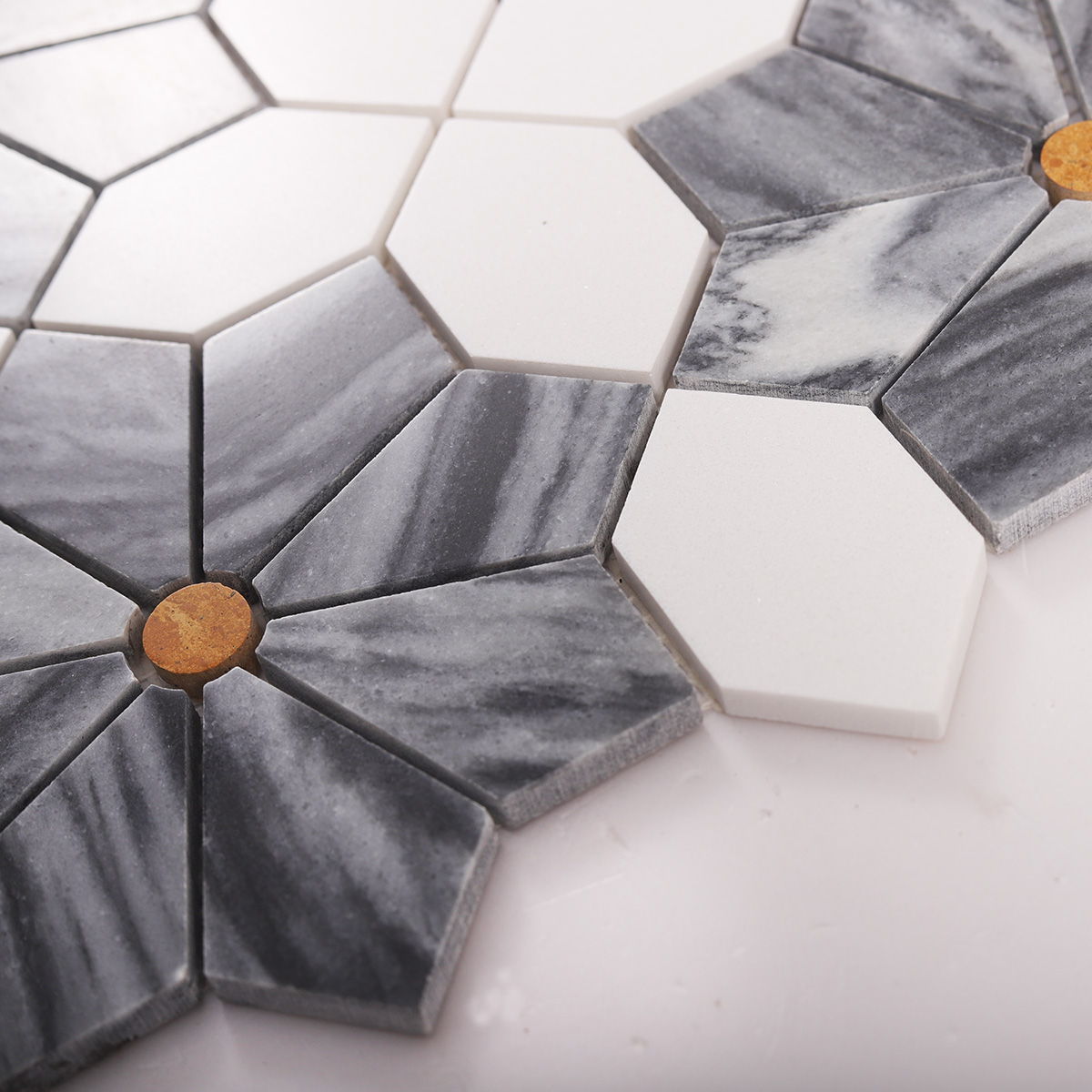Detailed side view of gray & white flower marble mosaic tiles