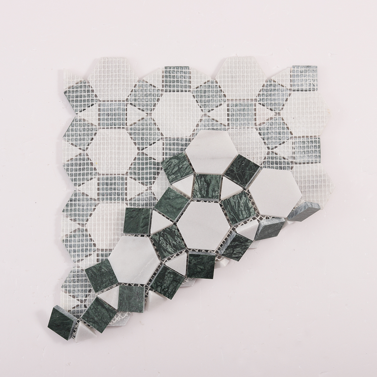 Folded back side of hexagon and square green sunflower ring marble mosaic tiles.