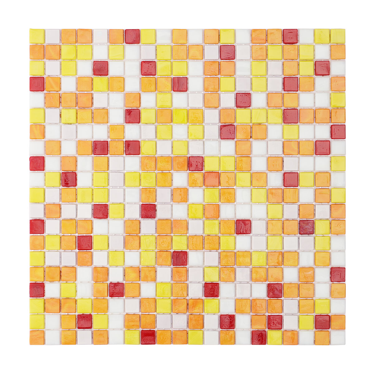 Sheet of multicolor square glass mosaic tiles with vibrant hues.