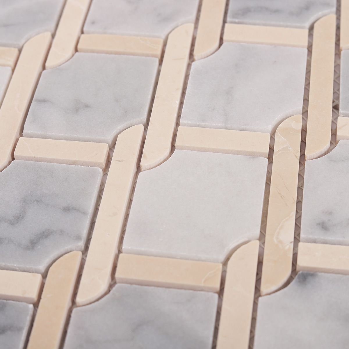 Close-up of Gray and Beige Princess Weave Rope marble mosaic tiles.