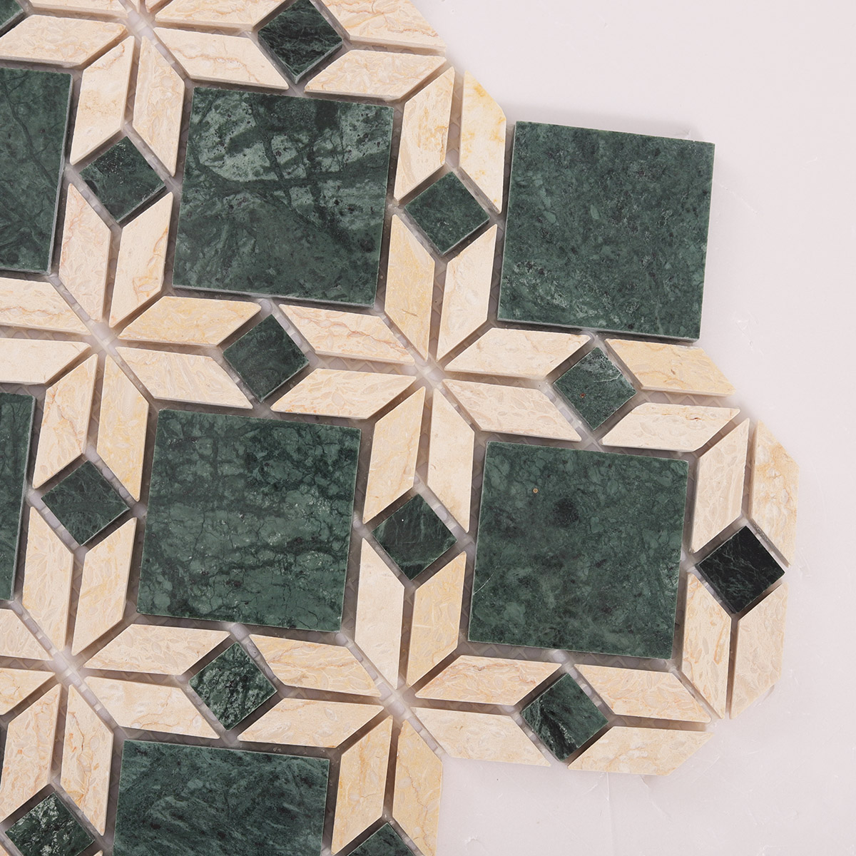 Detailed close-up of Polished Green Floral marble mosaic tiles