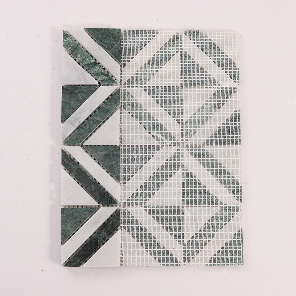 Folded back side of Green & White Triangle Marble Mosaic Tiles.