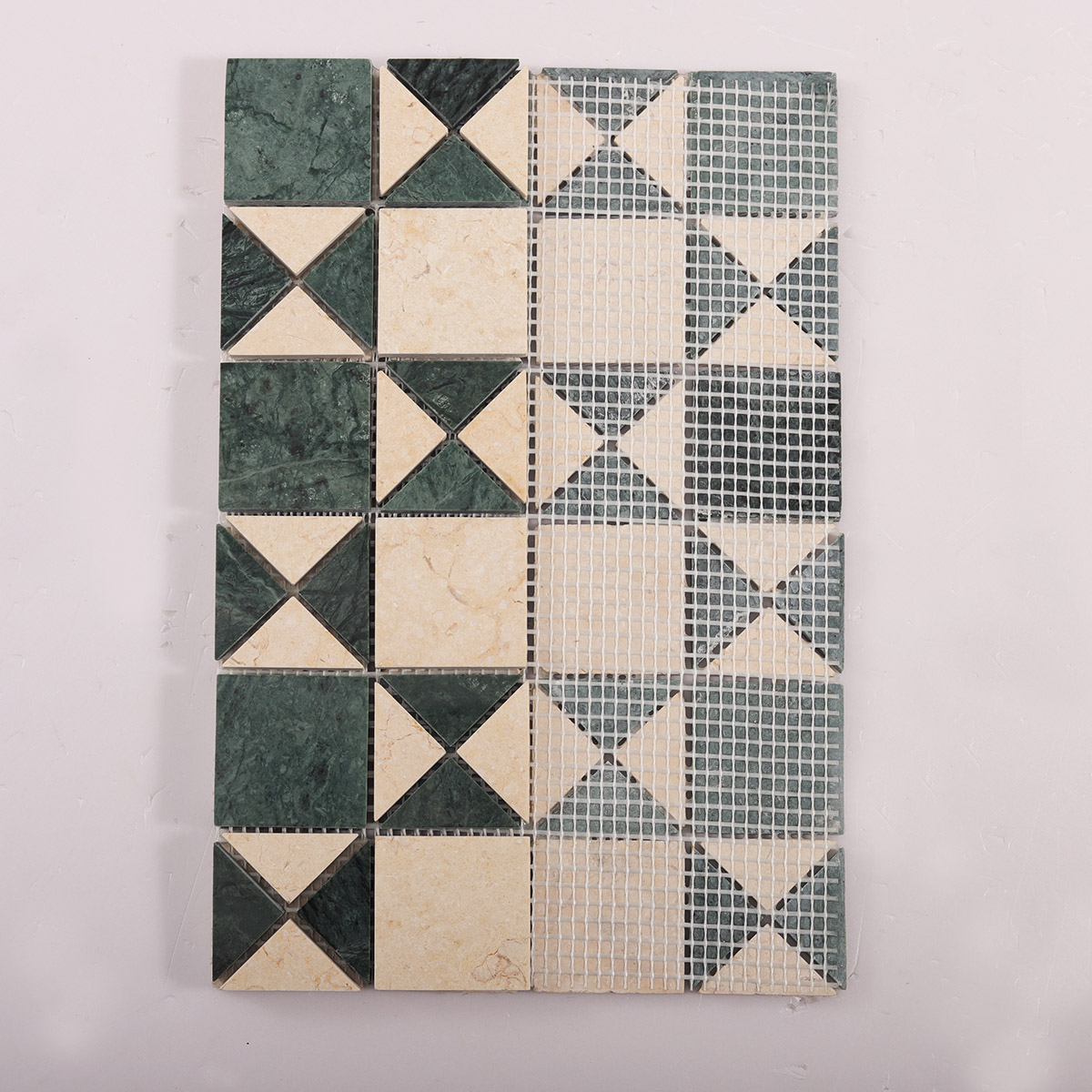 Back side of Natural Marble Green and Beige Mosaic Tiles, folded.