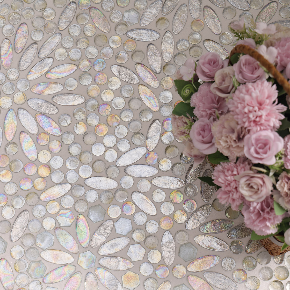 Opalescent Oval Flower Glass Mosaic Floor Tiles, complemented by  pink flowers.