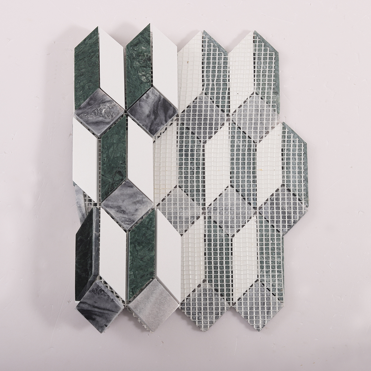 Folded back side of Green and White Picket Marble Mosaic Tiles.