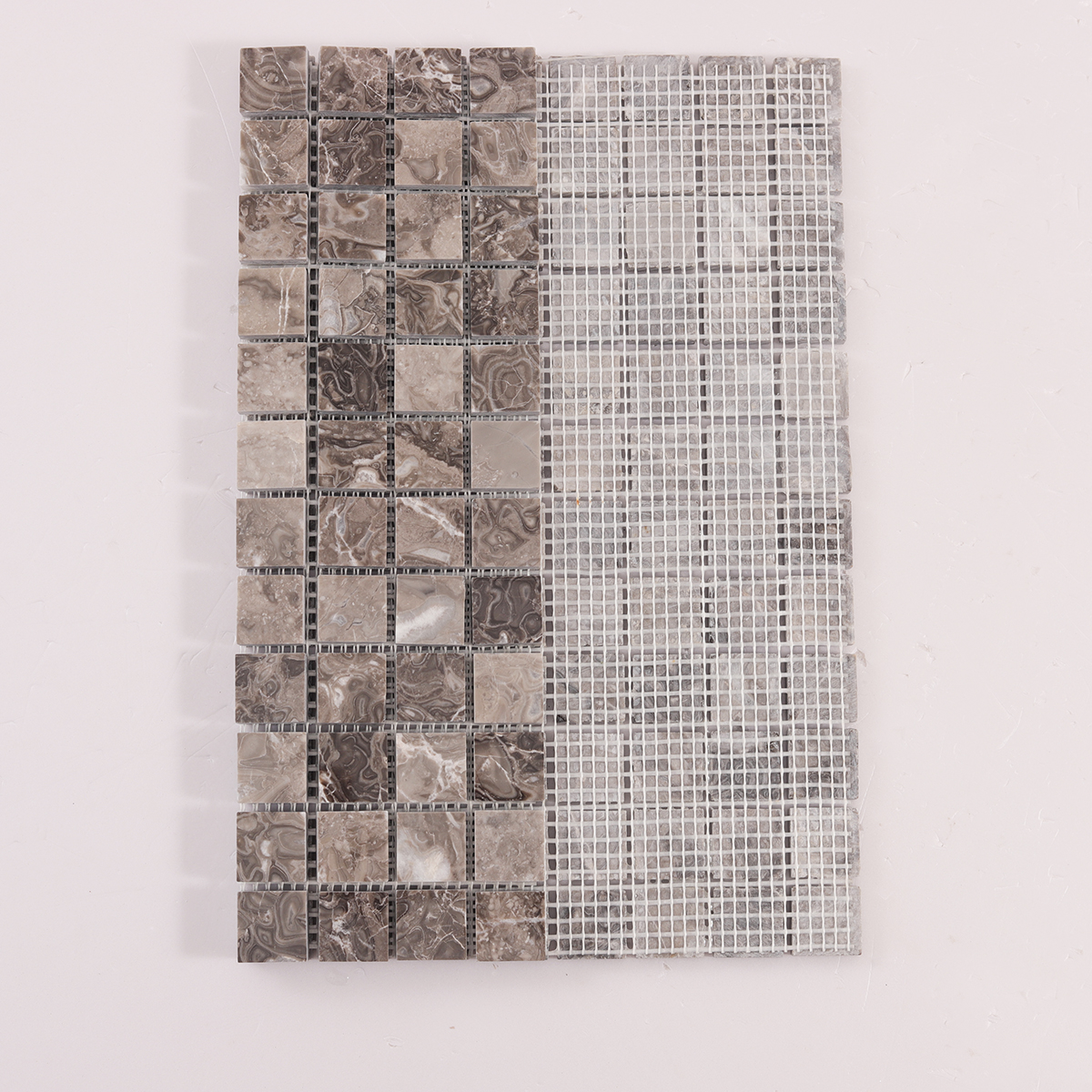 Back side of Emperador Light Brown Square Marble Mosaic Tiles, folded.