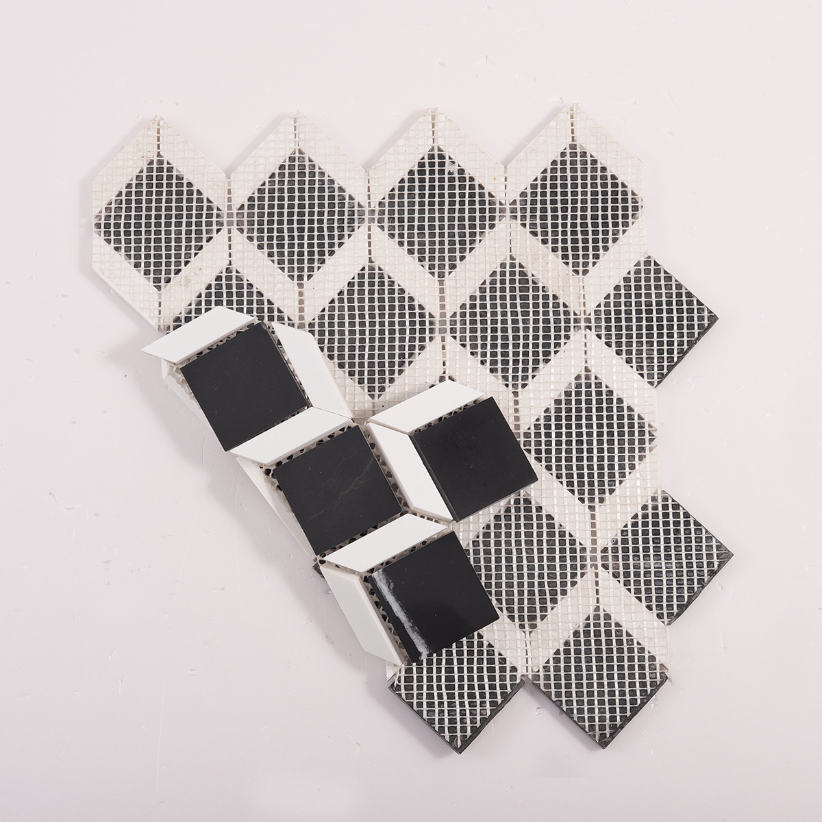 Back side of Geometric Square Black and White Marble Mosaic Tiles, folded