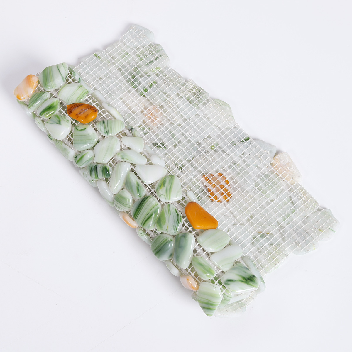 Green glass pebble mosaic tiles resembling river rocks with a back fold.