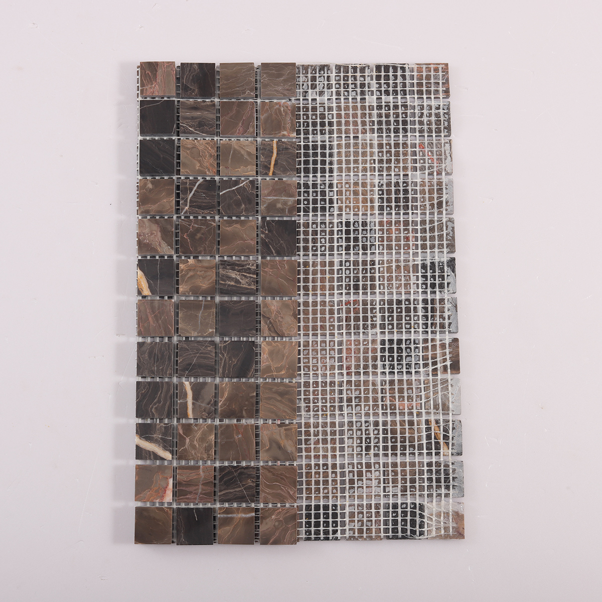 Dark Emperador Marble Square Mosaic Tiles, back side with fold visible