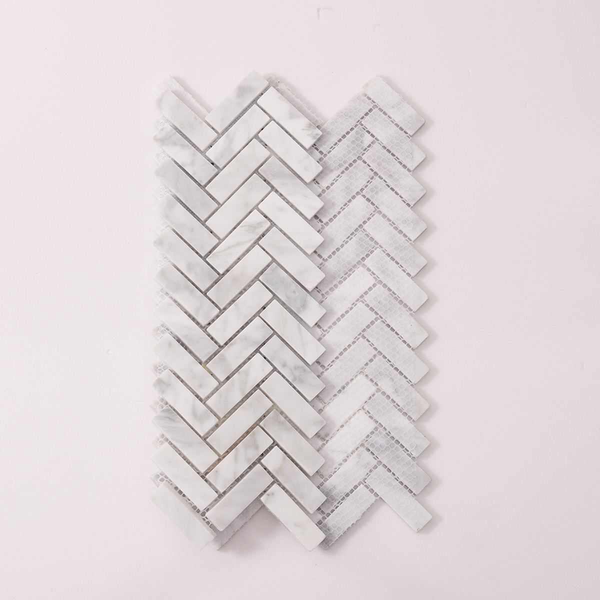 Carrara White Herringbone Marble Polished Mosaic Tiles, back side with fold visible