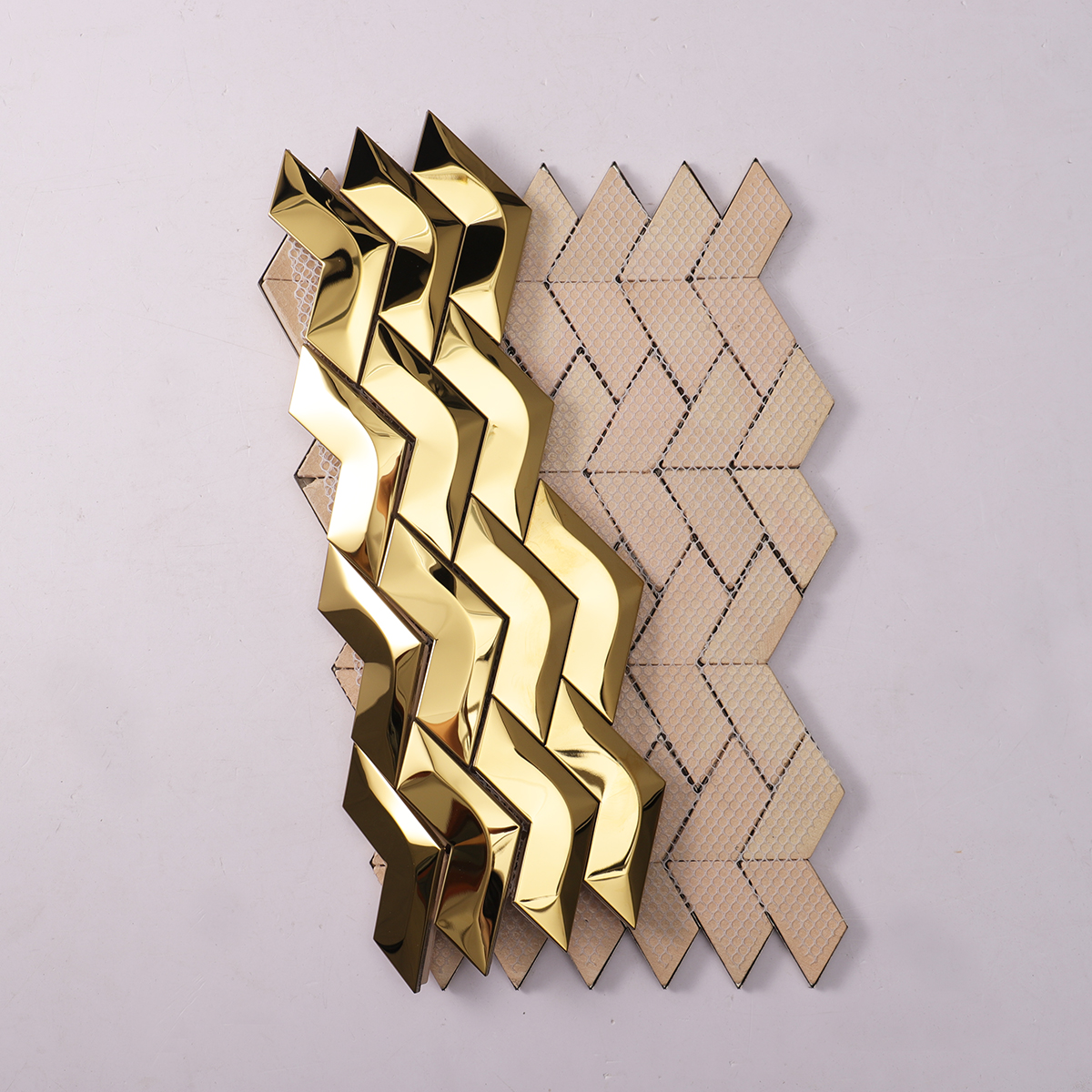3D Gold Herringbone Mirror Stainless Steel Mosaic Tile, back side with fold visible