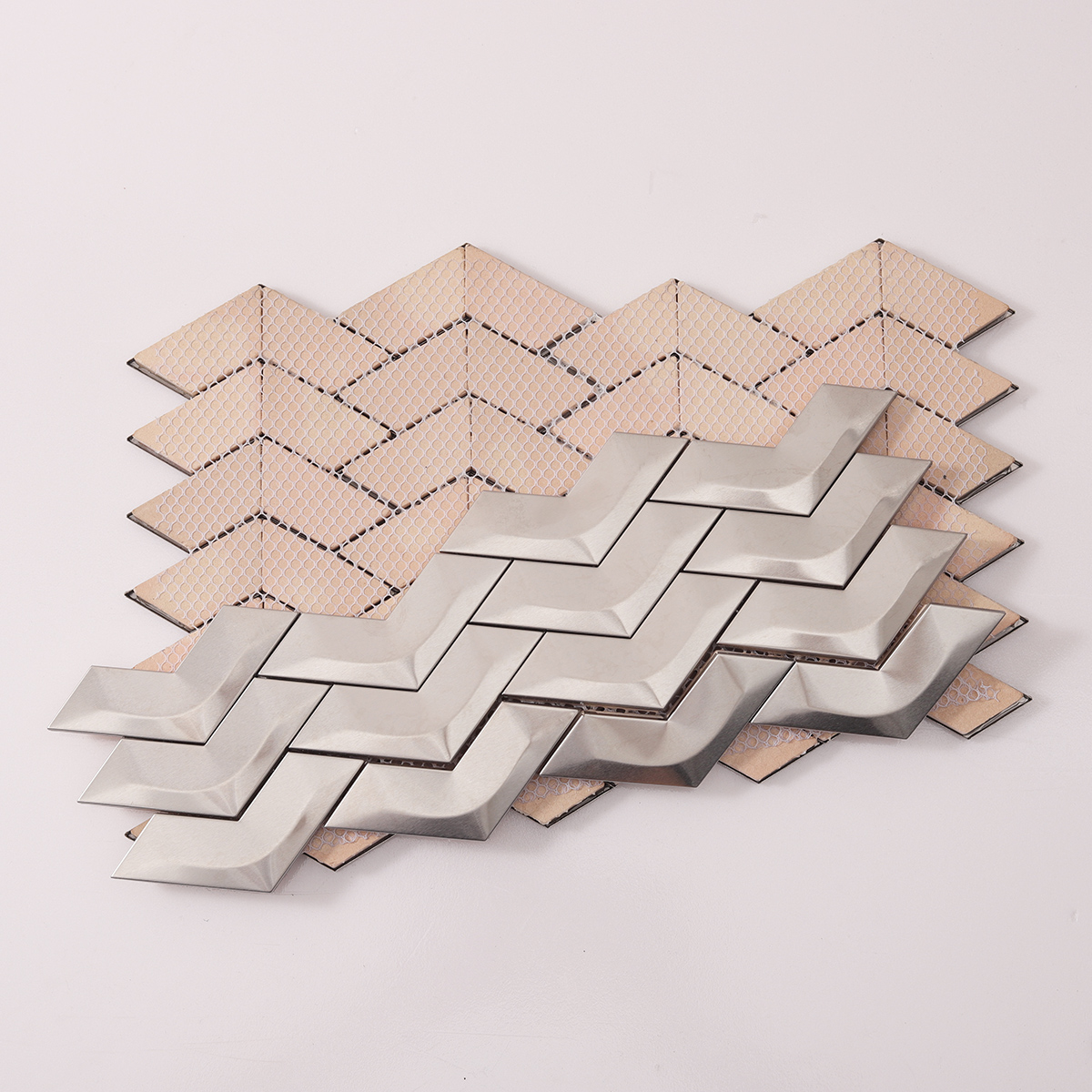 3D Silver Stainless Steel Herringbone Backsplash Tile, back side with fold visible